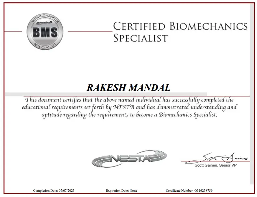 Certified Biomechanics Specialist certificate