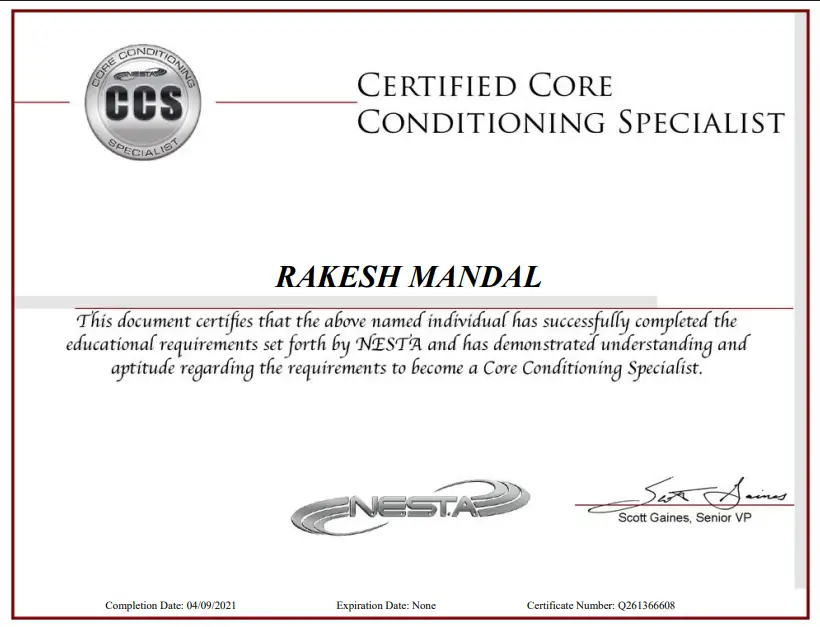 Certified Core Conditioning Specialist certificate