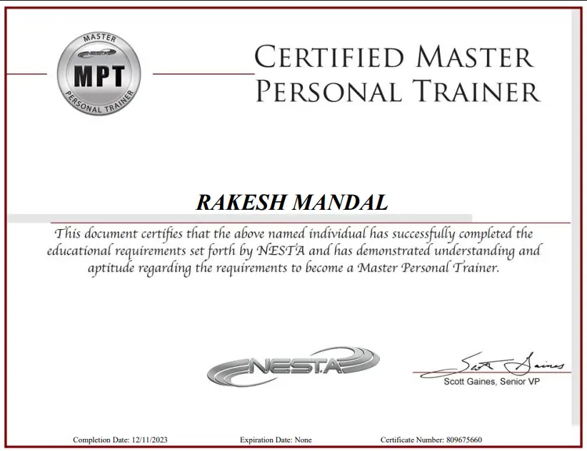 Certified Master Personal Trainer certificate