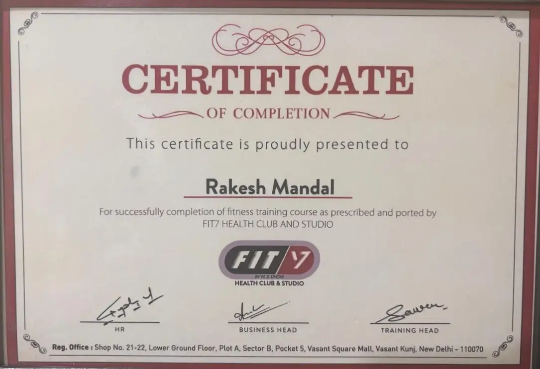 Fitness Training Course certificate